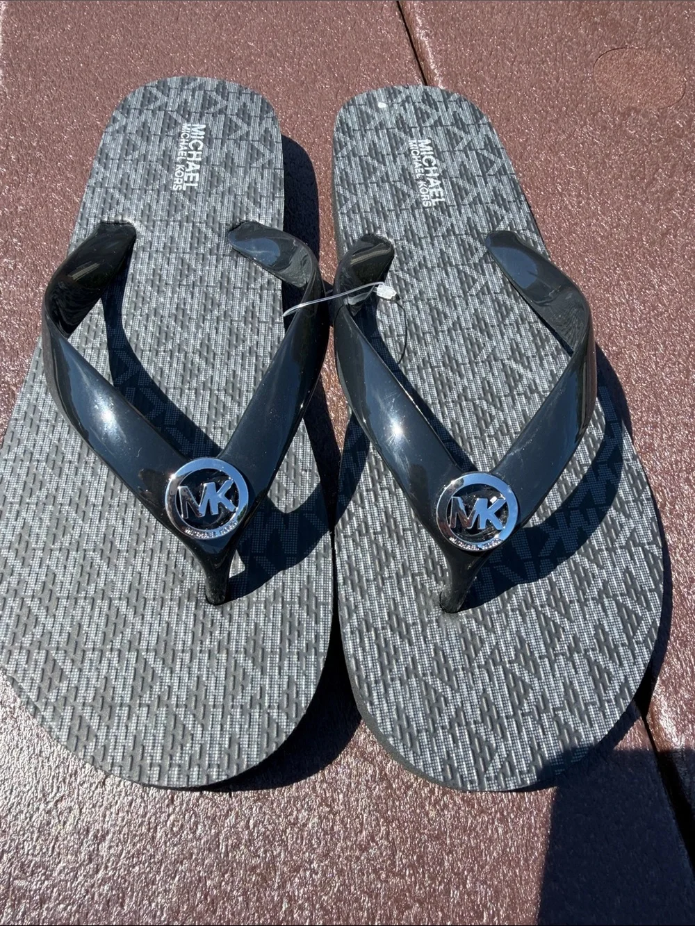Michael Kors Black and Gray Logo Jelly Flip Flops